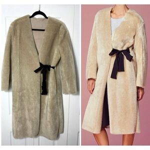 H&M Cream Beige Faux Fur Suede Lined Coat Black Contrast Waist Tie Size Large